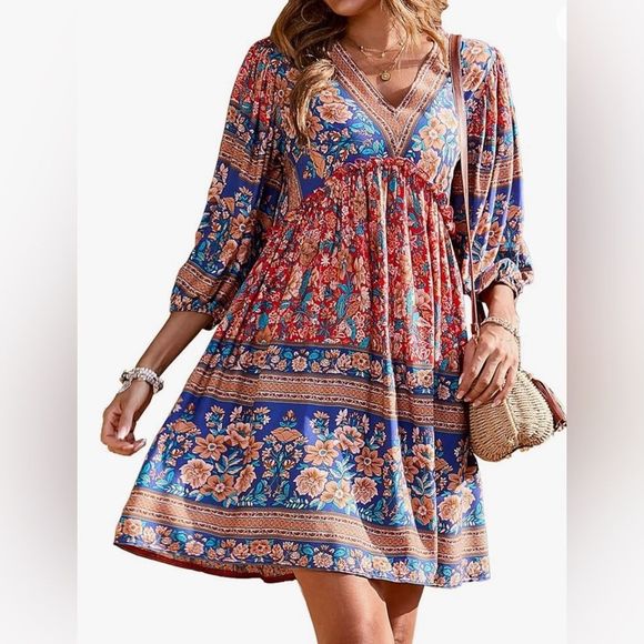 BTFBM Dresses & Skirts - BTFBM Spring V Neck 3/4 Ruffle Floral Flowy Boho Babydoll Mini Short Beach Dress
